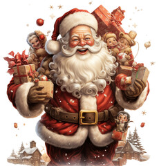 Wesoły Święty Mikołaj z torbą pełną prezentów na przezroczystym tle PNG. - obrazy, fototapety, plakaty