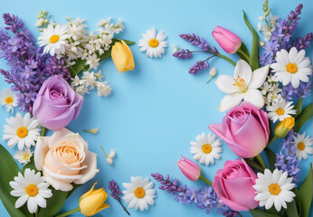 Flowers, roses, tulips, daisies and others, on a blue background