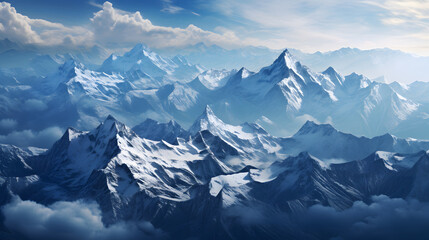 Fototapeta na wymiar Top-down view of mountain range, snow-capped peaks