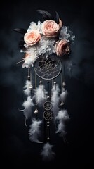 A Close Up Photo of a Fascinating Ethernal Dream Catcher Decorated with Flowers and Feathers Hangings in an Empty Room.