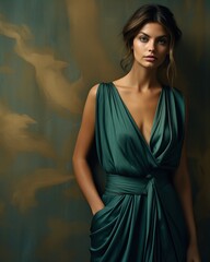 Professional Close up of an Attractive Brown Haired Woman Standing in a Painted Empty Room Wearing a Long Dark Green Dress while Looking at the Camera.