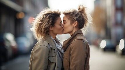 Young lesbian couple kissing in the middle of a street, with sunlight in the background