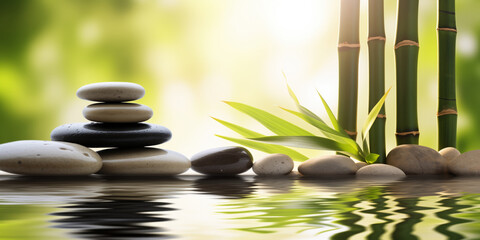 Zen stones, bamboo and water, relaxation time, wellness and harmony, massage and bodycare, spa and wellness concept