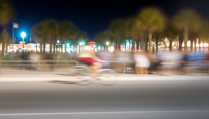 Fototapeta premium Nighttime rush hour blurred motion, illuminated city life, commuting men generated by AI