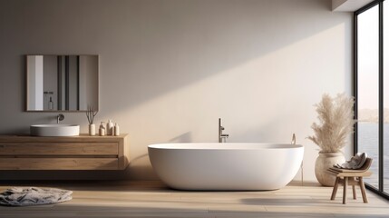 Crafting a Calm and Chic Bathroom Space with Minimalist Design Fixtures. Generative AI