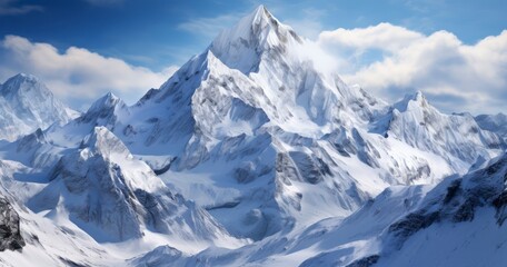 Majestic mountain peaks crowned with snow, basking in the warm sunshine. Generative AI