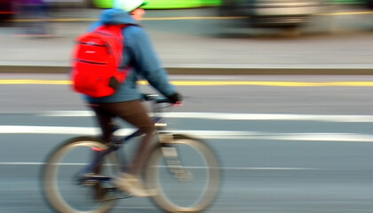 Healthy cyclist speeds through city traffic in recreational pursuit generated by AI