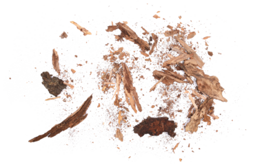 Rotten, old pieces of wood scattered, isolated on white, top view