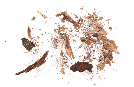 Rotten, old pieces of wood scattered, isolated on white, top view