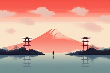 Stylised poster/card in retro-minimalist style. Travel concept. Mount. Fuji, Japan.  Copy space for text. AI generated digital design. 
