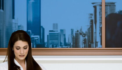 Young adult businesswoman standing on balcony overlooking cityscape skyline generated by AI