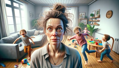 A tired mother with disheveled hair stands in the foreground, looking exhausted and surrounded by her playful kids causing chaos in the living room.