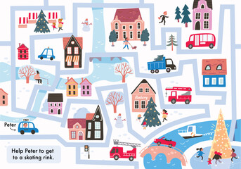 Vector labyrinth children maze illustrated. Winter in town, city easy simple drawing map. Merry Christmas New Year Feliz navidad, Neujahr, Capodanno,le Nouvel. Cars, houses, buildings, trees, streets.