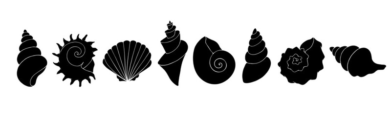 A set of silhouettes and stencils of seashells. Vector graphics.