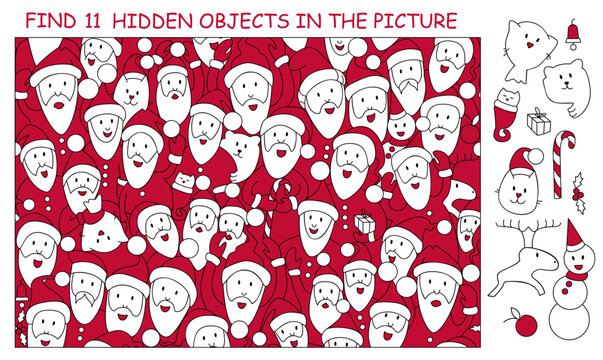 Find the hidden objects in the picture. Crowd of Santa Clauses. Christmas puzzle game for kids. Educational game for family celebration, school, party, magazines. Sketch Vector illustration