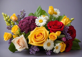 Flowers, roses, tulips, daisies and others, on purple background