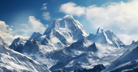 Majestic Mountains Crowned in Snow, Illuminated by the Gentle Caress of Sunlight. Generative AI