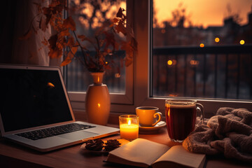 Cozy Home work place with laptop, cup of hot drink, candles and autumn leaves in vase on table near...