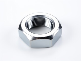 Metal nut on clean white background. Stainless steel hardware.