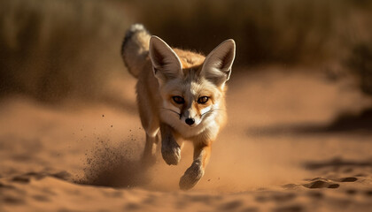 Fluffy red fox running in sand, focus on foreground generated by AI