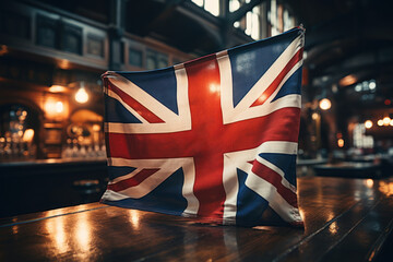 The British Union Jack flag displayed in a historic London pub. Concept of tradition and pub...