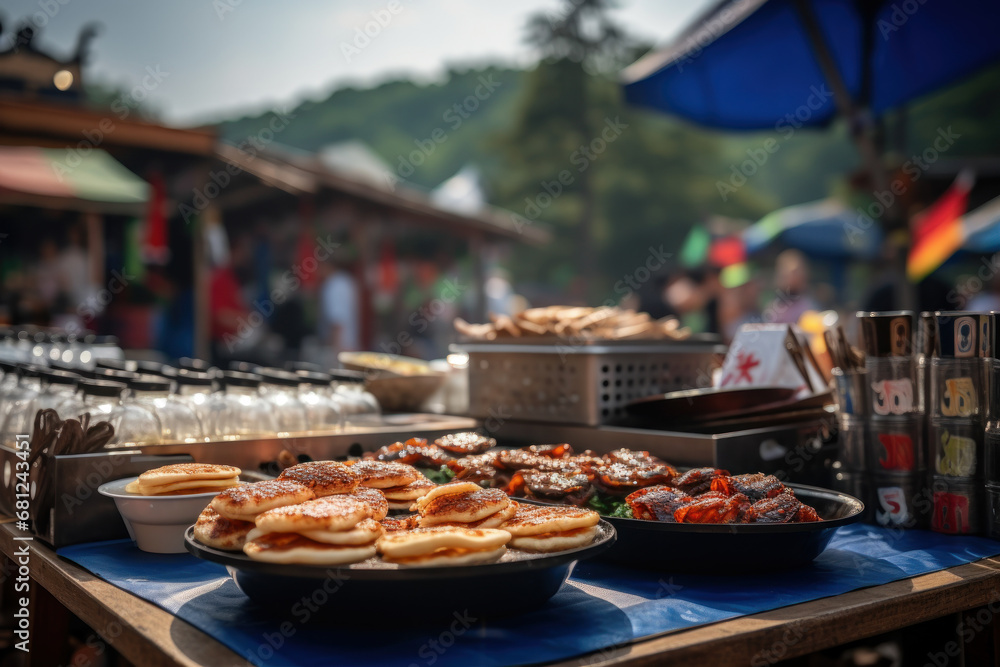 Canvas Prints The South Korean flag at a bustling street food market in Seoul. Concept of street food culture and diversity. Generative Ai.