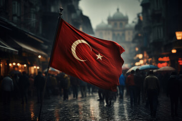 The Turkish flag on a bustling market street in Istanbul. Concept of vibrant bazaars and commerce....