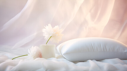 Fototapeta na wymiar A delicate white vase holding a flower is placed beside a plush white pillow, against a backdrop of silky material, featured in promotional artwork for a spa