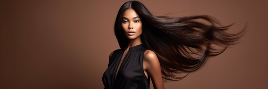 Portrait of Beautiful Brunette Black Woman with Long Straight Hair Flying in the Wind. Copy Space Banner