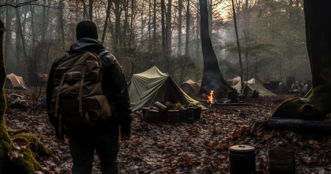 A Man exploring the nature in the forest with backpack. Essential bush-craft survival skills demonstrated in a dense forest setting. Generative AI