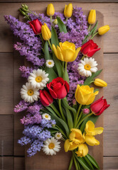 Flowers, roses, tulips, daisies and others, on wooden board