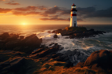 Fototapeta premium A lone lighthouse on a coastal cliff, its light beaming as the sun sets. Concept of coastal safety and navigation. Generative Ai.