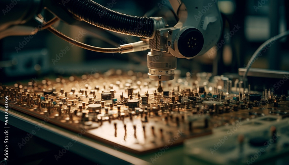 Poster automated production line uses complex machinery to manufacture computer chips generated by ai