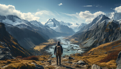 One person hiking, exploring majestic mountain peak in autumn generated by AI - obrazy, fototapety, plakaty