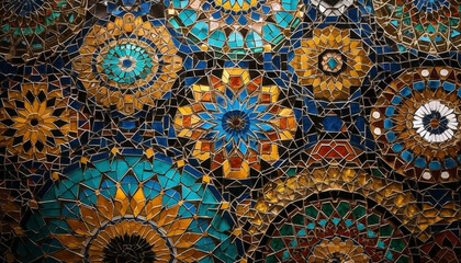 Vibrant patchwork of Turkish tiles creates ornate geometric backdrop generated by AI