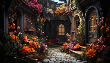 Fototapeta premium A famous church architecture shines in the night, surrounded by nature beauty generated by AI