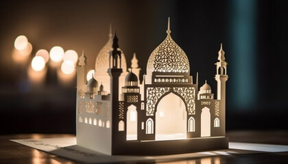 Fototapeta na wymiar Ramadan night spirituality illuminated by minarets in Arabic style architecture generated by AI