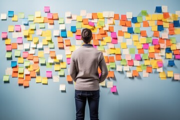 Man looking at sticky notes in the wall - Powered by Adobe
