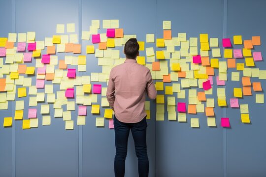 Man looking at sticky notes in the wall