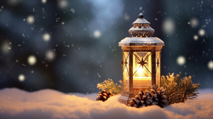 Decorative Christmas candle lantern with spruce branch and cones in snowfall. Blue bokeh forest background.