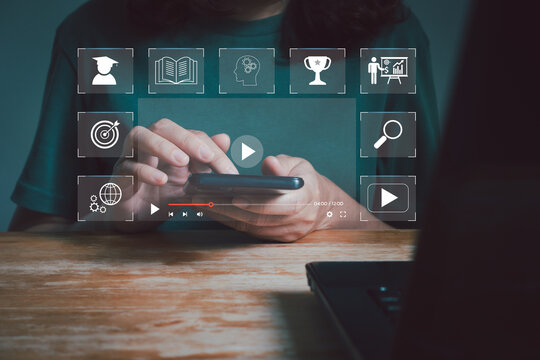 Education Internet Technology. Young Asian women learn language during online courses using smartphones. E-learning education concept, learning online with webinar, video tutorial, internet lessons.