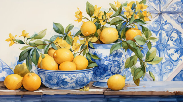 Mediterranean Lemon, traditional illustration with blue tiles and lemons in jars