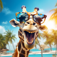 Fototapety  smiling giraffe wearing sunglasses on beach. Generative AI.