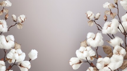 Background or mock up presentation with white fluffy cotton flowers and place for text. Natural eco organic fiber, cotton seeds, raw materials, agriculture