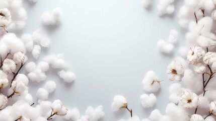 Background or mock up presentation with white fluffy cotton flowers and place for text. Natural eco organic fiber, cotton seeds, raw materials, agriculture - obrazy, fototapety, plakaty