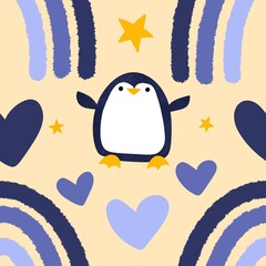Watercolor rainbow seamless penguin and love pattern for wrapping paper and fabrics and kids print and winter