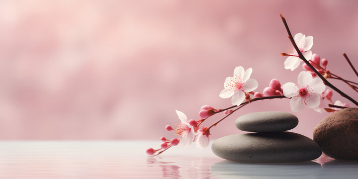 Zen stones, water and Japanese cherry blossoms on pink background witn copy space, wellness and harmony, massage and bodycare, spa and wellness concept