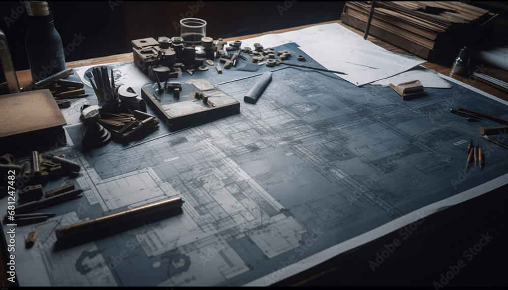 Poster carpenter designing blueprint with pencil and measuring instrument indoors generated by ai