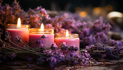 Aromatherapy candle burning, relaxation in nature purple flame generated by AI - obrazy, fototapety, plakaty