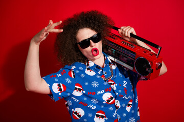 Photo portrait of pretty young girl dance cheeky cool hip hop rap wear trendy blue print x-mas...